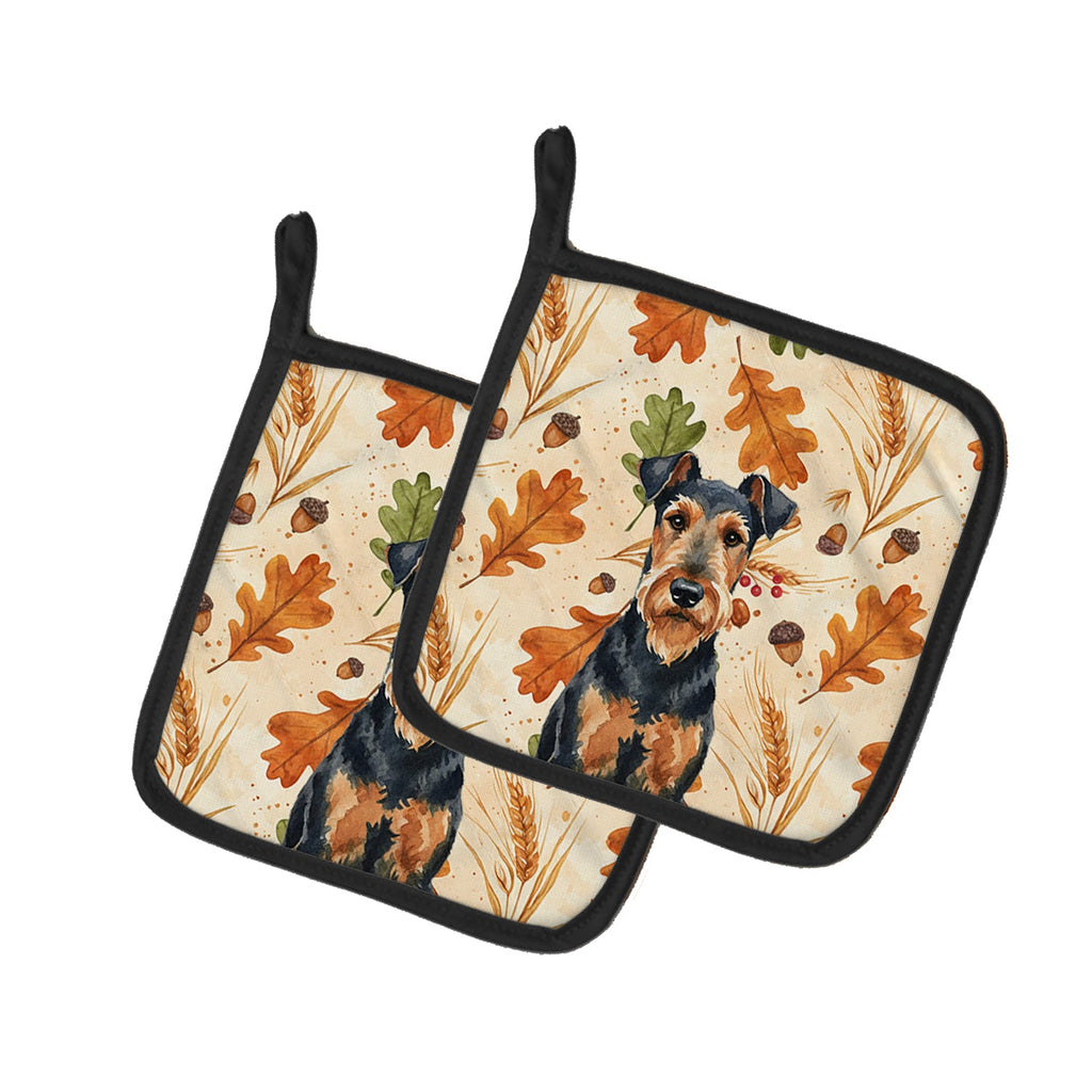 Airedale Terrier Heirloom Fall Pot Holder Set of 2 Heat Resistant Quilted Hot Pads 7.5 x 7.5 Inch, Insulated Kitchen Trivets for Cooking & Baking