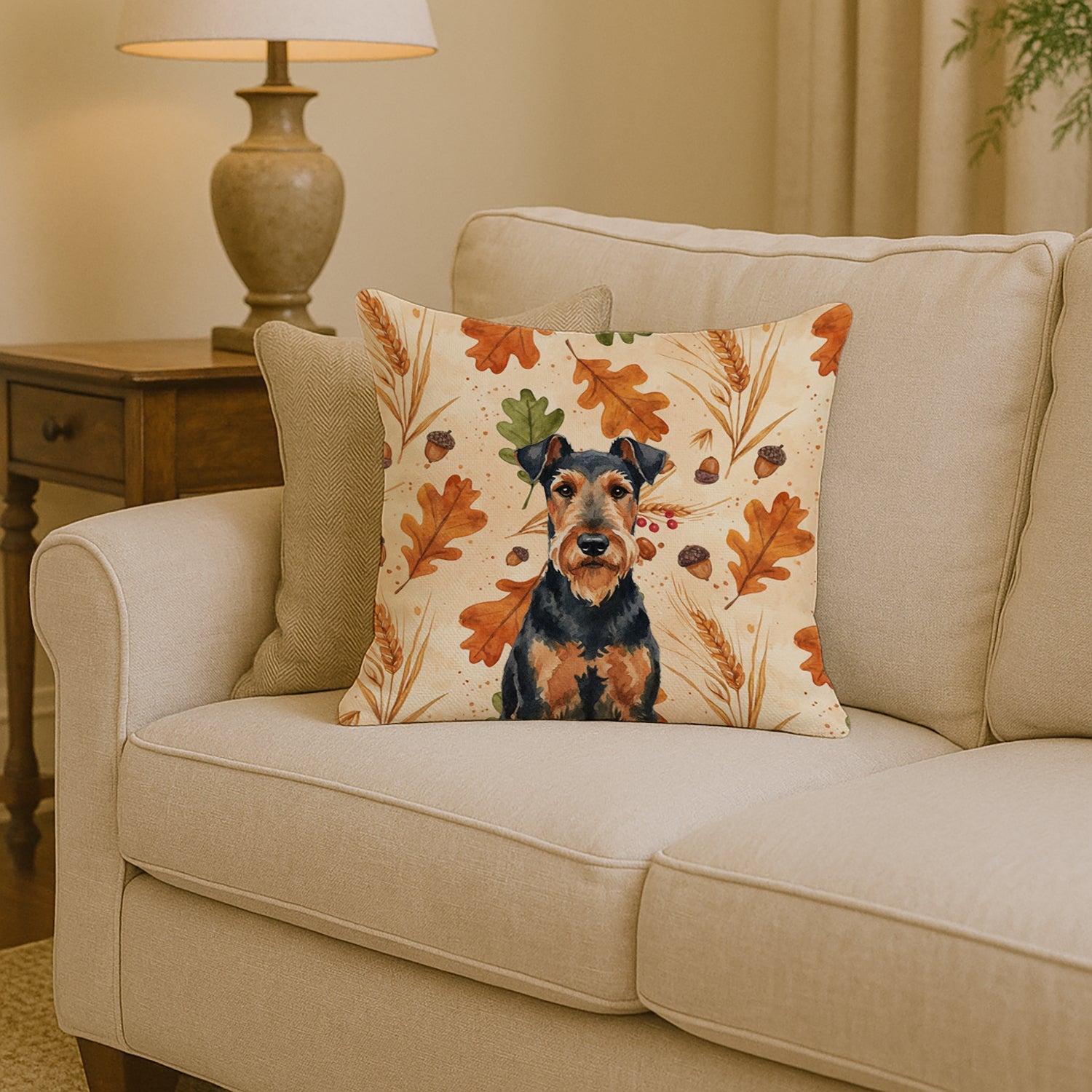 Airedale Terrier Heirloom Fall Decorative Throw Pillow 14x14 Indoor Outdoor Accent Cushion, Fabric Cover with Insert for Sofa, Bed, Porch & Living Room
