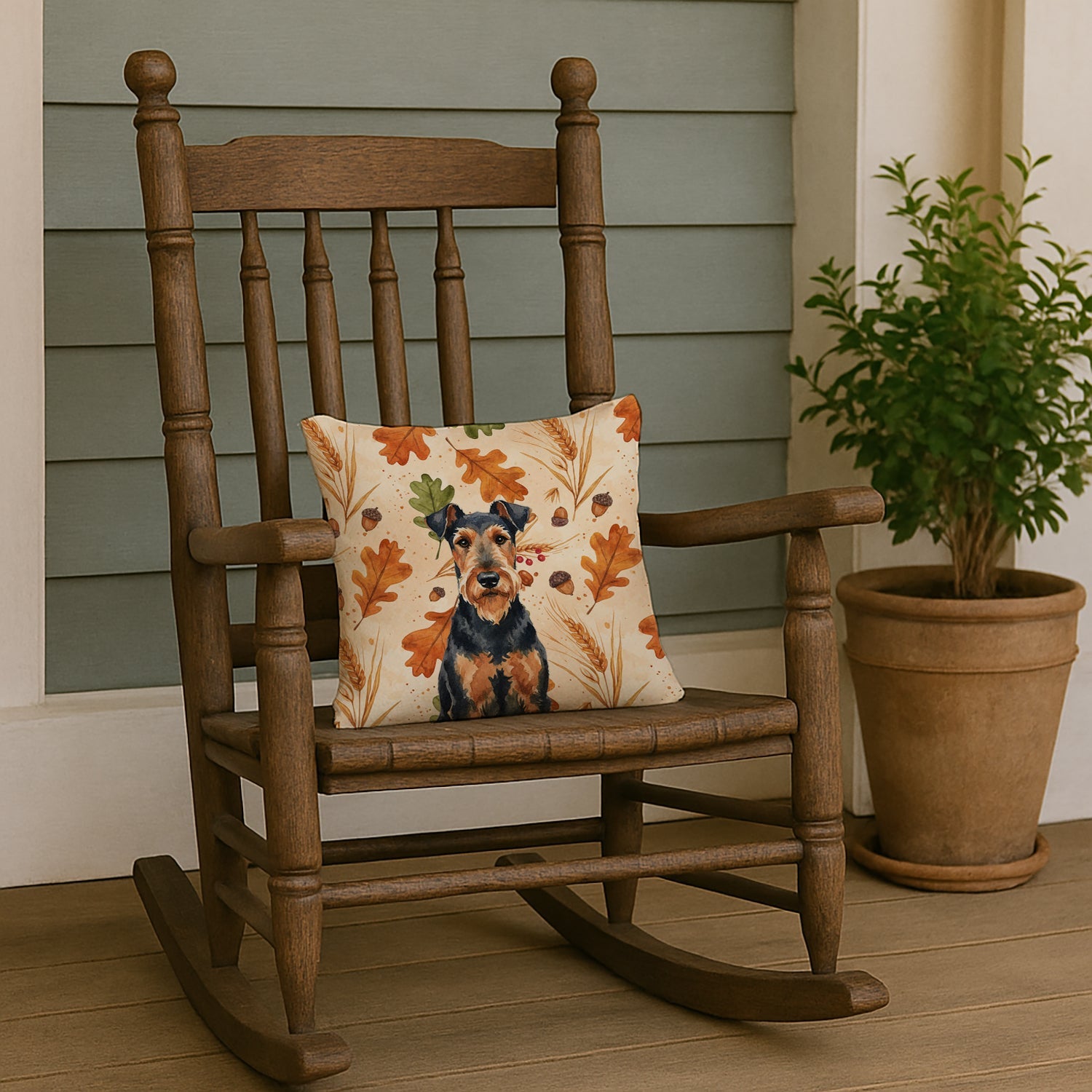 Airedale Terrier Heirloom Fall Decorative Throw Pillow 14x14 Indoor Outdoor Accent Cushion, Fabric Cover with Insert for Sofa, Bed, Porch & Living Room