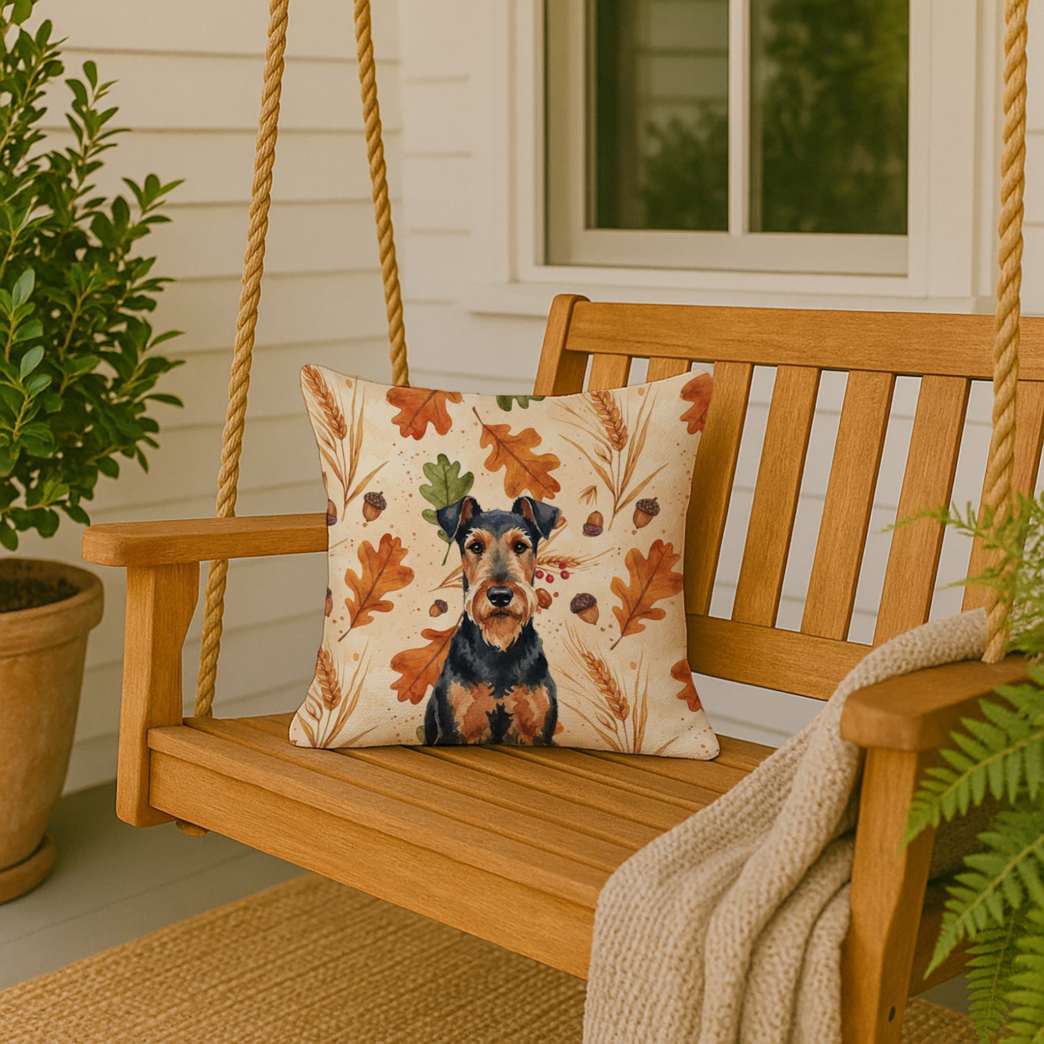Airedale Terrier Heirloom Fall Decorative Throw Pillow 18x18 Indoor Outdoor Accent Cushion, Fabric Cover with Insert for Sofa, Bed, Porch & Living Room