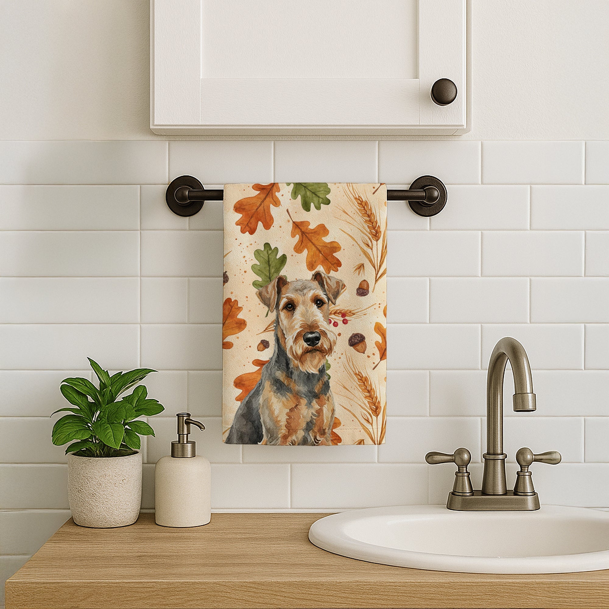 Grizzle Airedale Terrier Heirloom Fall Kitchen Towel Velour Plush Front and Cotton Loop Back Machine Washable