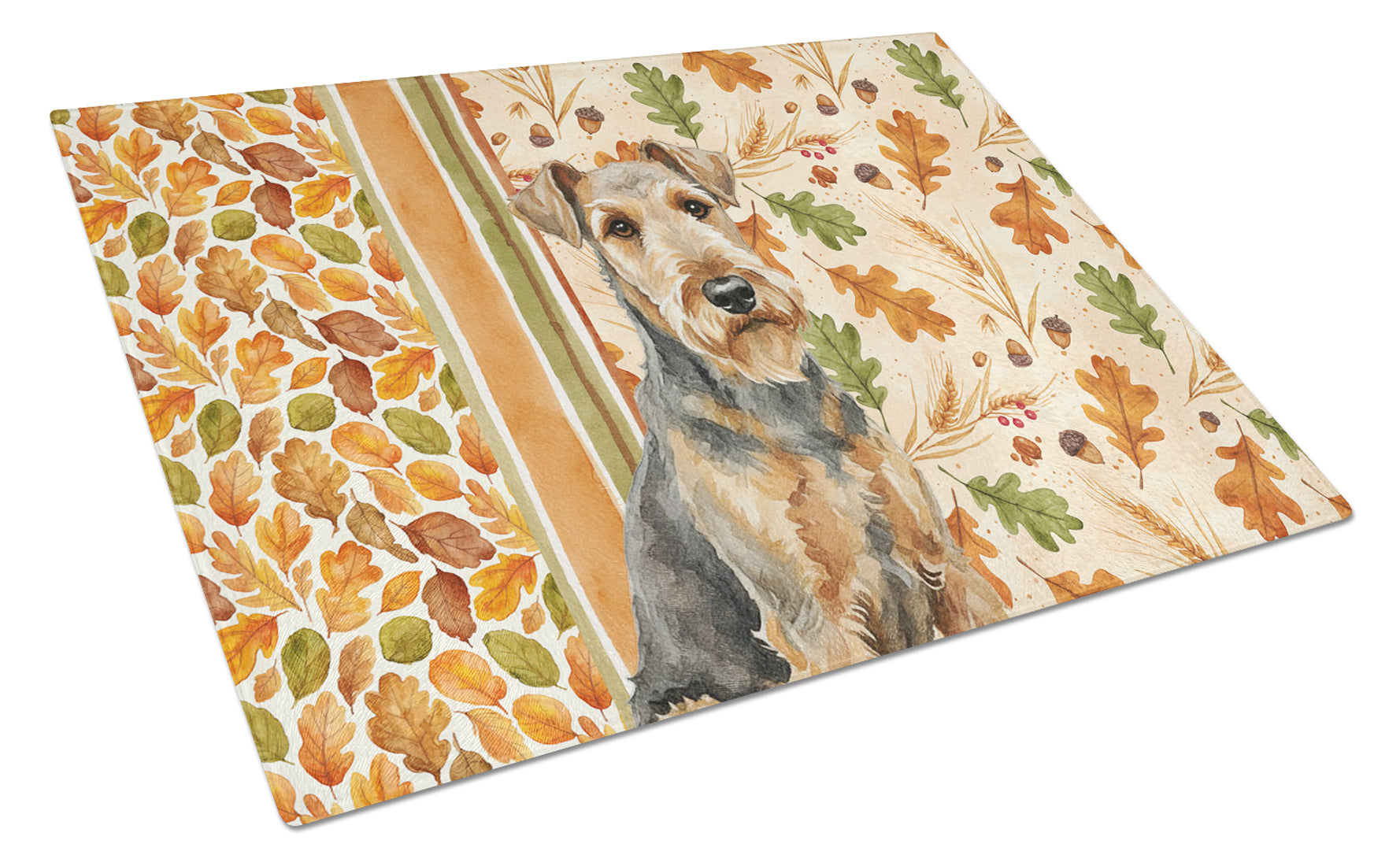 Grizzle Airedale Terrier Heirloom Fall Cutting Board Tempered Glass Kitchen Cutting Surface, Heat Resistant Chopping, Non-Slip Feet, Food Prep & Serving