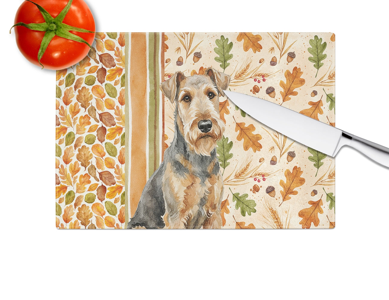 Grizzle Airedale Terrier Heirloom Fall Cutting Board Tempered Glass Kitchen Cutting Surface, Heat Resistant Chopping, Non-Slip Feet, Food Prep & Serving