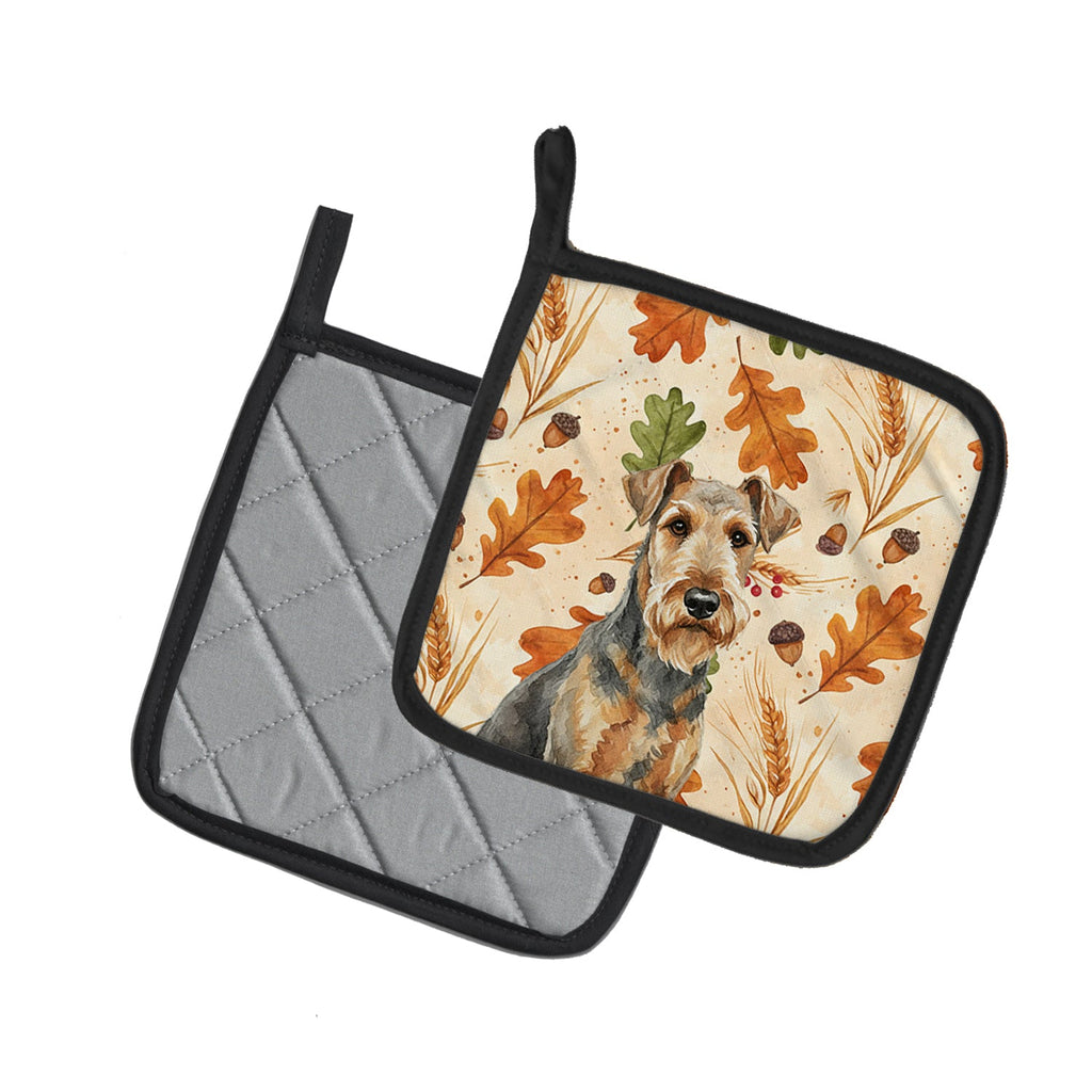 Grizzle Airedale Terrier Heirloom Fall Pot Holder Set of 2 Heat Resistant Quilted Hot Pads 7.5 x 7.5 Inch, Insulated Kitchen Trivets for Cooking & Baking