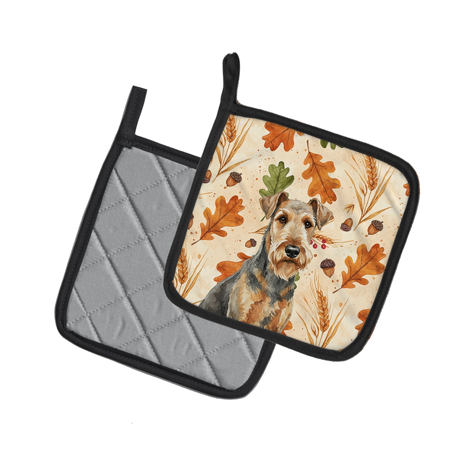 Grizzle Airedale Terrier Heirloom Fall Pot Holder Set of 2 Heat Resistant Quilted Hot Pads 7.5 x 7.5 Inch, Insulated Kitchen Trivets for Cooking & Baking