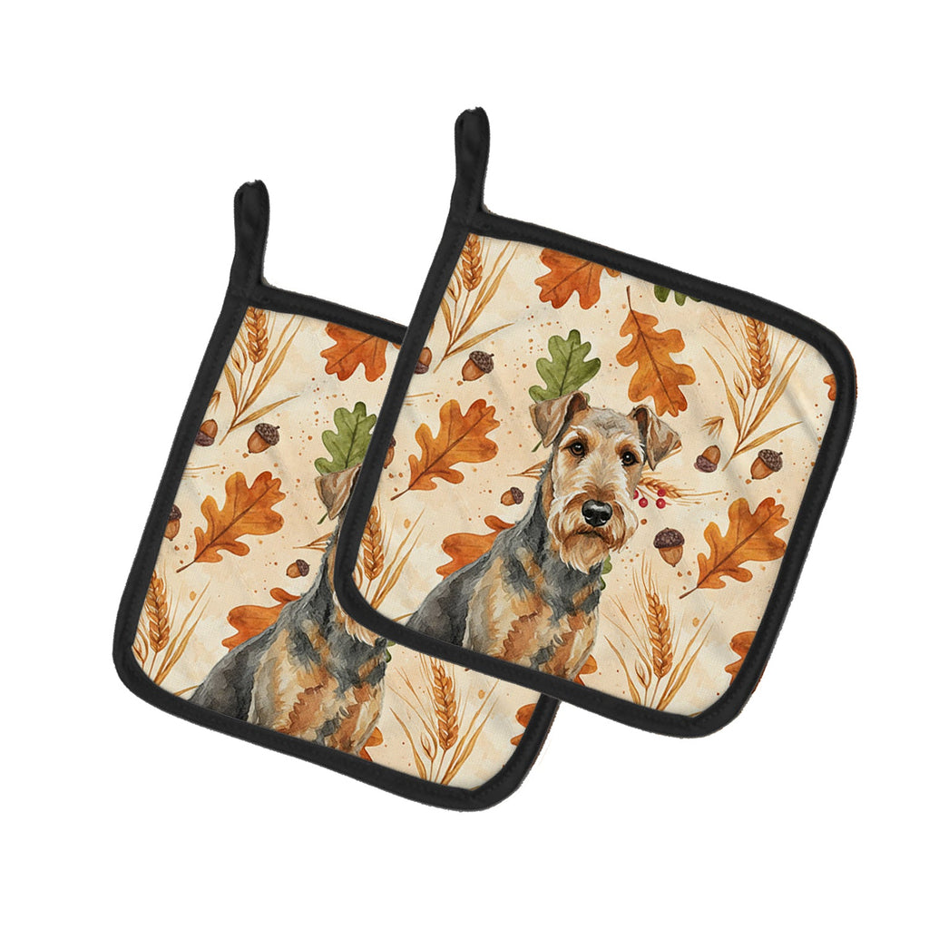 Grizzle Airedale Terrier Heirloom Fall Pot Holder Set of 2 Heat Resistant Quilted Hot Pads 7.5 x 7.5 Inch, Insulated Kitchen Trivets for Cooking & Baking