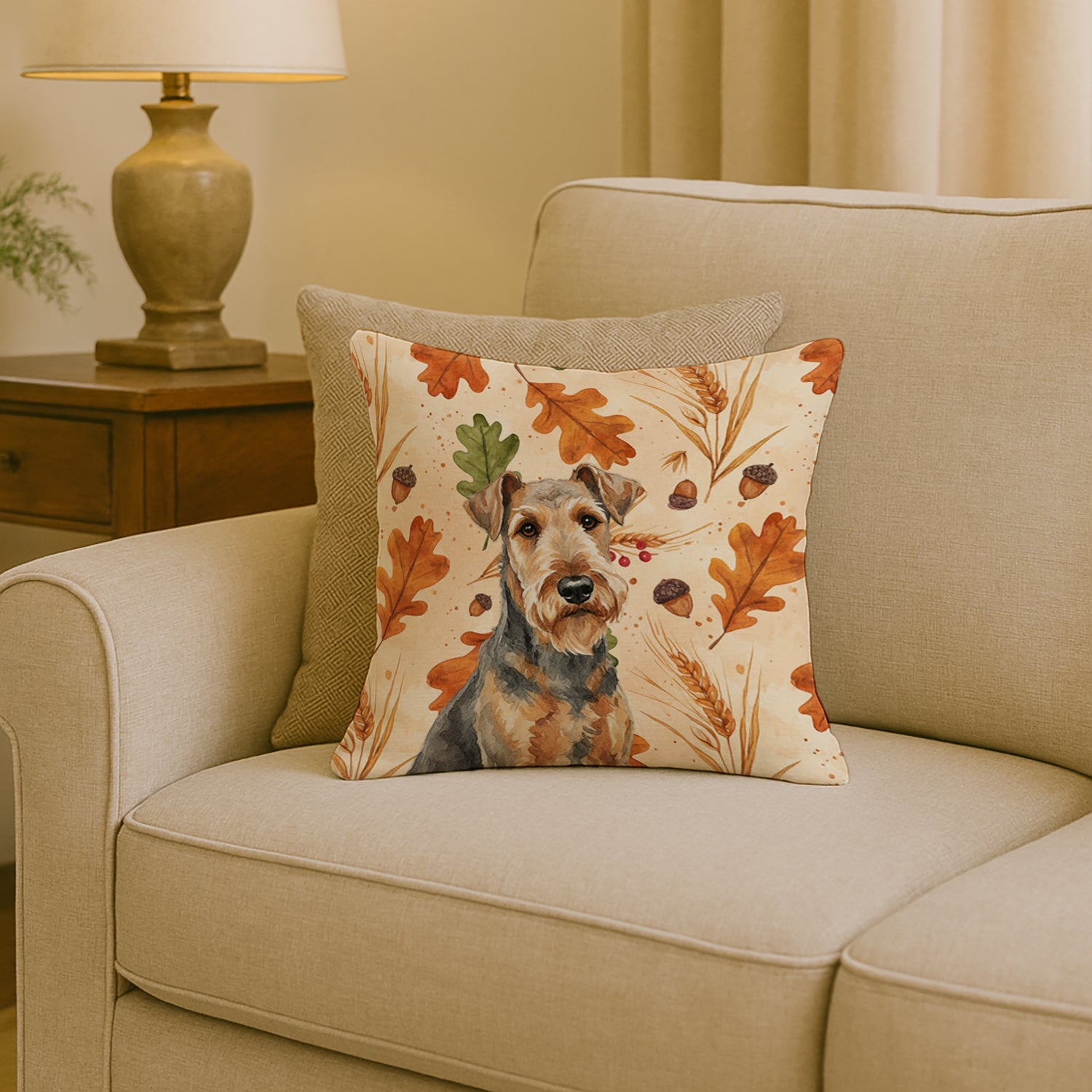 Grizzle Airedale Terrier Heirloom Fall Decorative Throw Pillow 18x18 Indoor Outdoor Accent Cushion, Fabric Cover with Insert for Sofa, Bed, Porch & Living Room