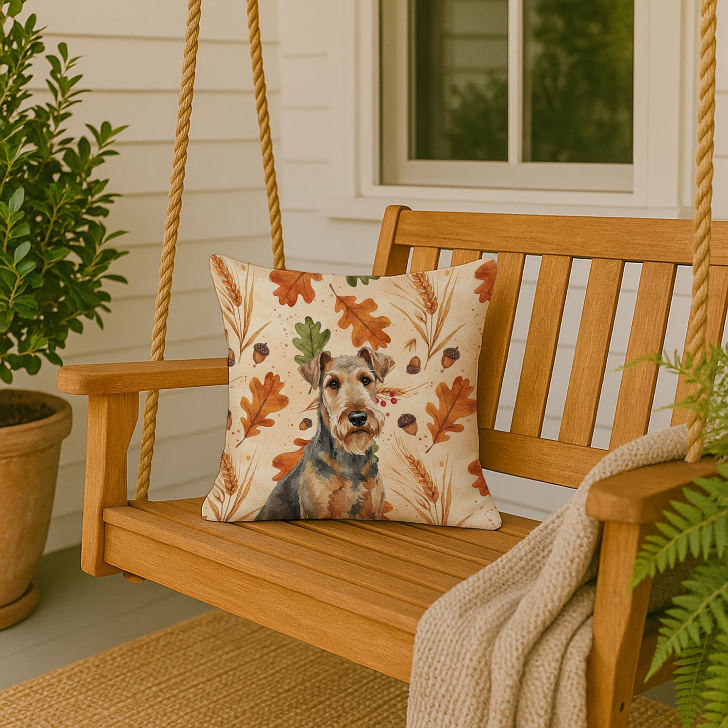 Grizzle Airedale Terrier Heirloom Fall Decorative Throw Pillow 18x18 Indoor Outdoor Accent Cushion, Fabric Cover with Insert for Sofa, Bed, Porch & Living Room