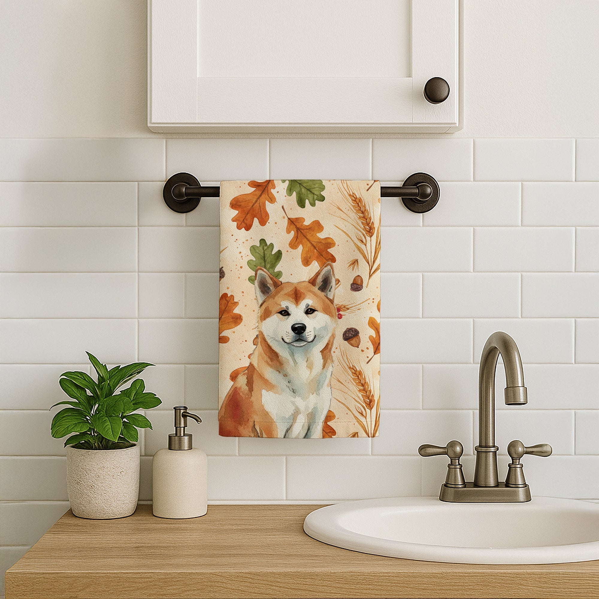 Red Akita Heirloom Fall Kitchen Towel Velour Plush Front and Cotton Loop Back Machine Washable