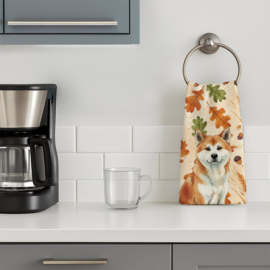 Red Akita Heirloom Fall Kitchen Towel Velour Plush Front and Cotton Loop Back Machine Washable