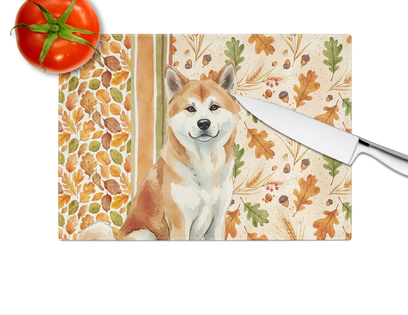Red Akita Heirloom Fall Cutting Board Tempered Glass Kitchen Cutting Surface, Heat Resistant Chopping, Non-Slip Feet, Food Prep & Serving