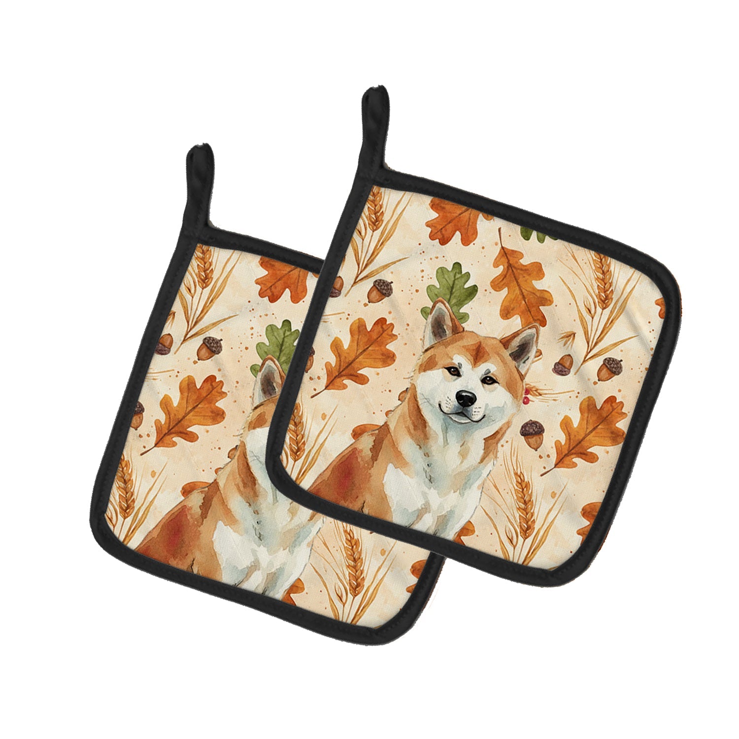 Red Akita Heirloom Fall Pot Holder Set of 2 Heat Resistant Quilted Hot Pads 7.5 x 7.5 Inch, Insulated Kitchen Trivets for Cooking & Baking