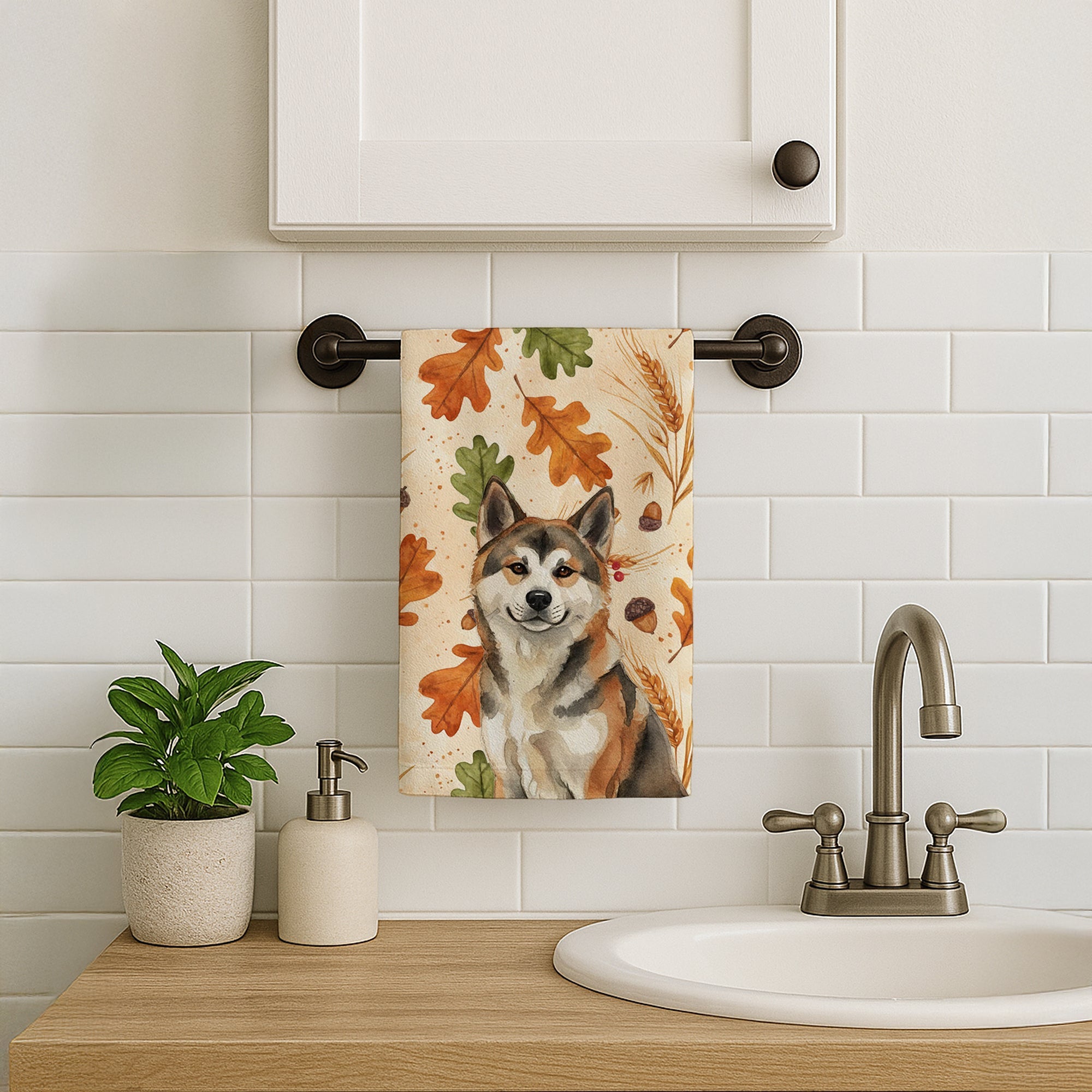 Sesame Akita Heirloom Fall Kitchen Towel Velour Plush Front and Cotton Loop Back Machine Washable