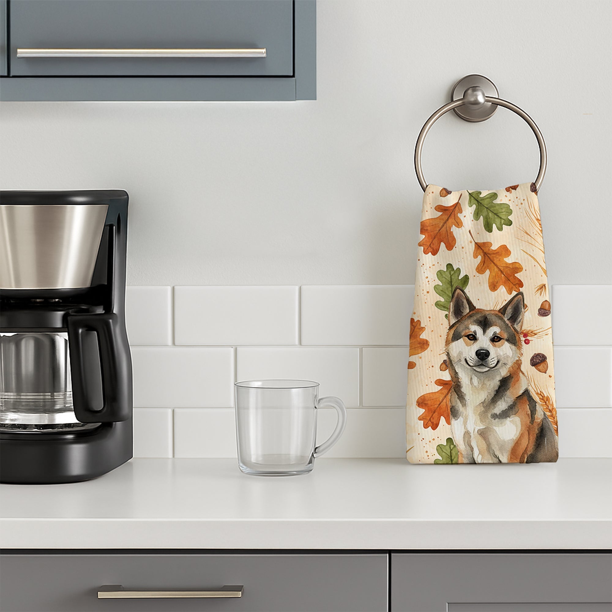 Sesame Akita Heirloom Fall Kitchen Towel Velour Plush Front and Cotton Loop Back Machine Washable