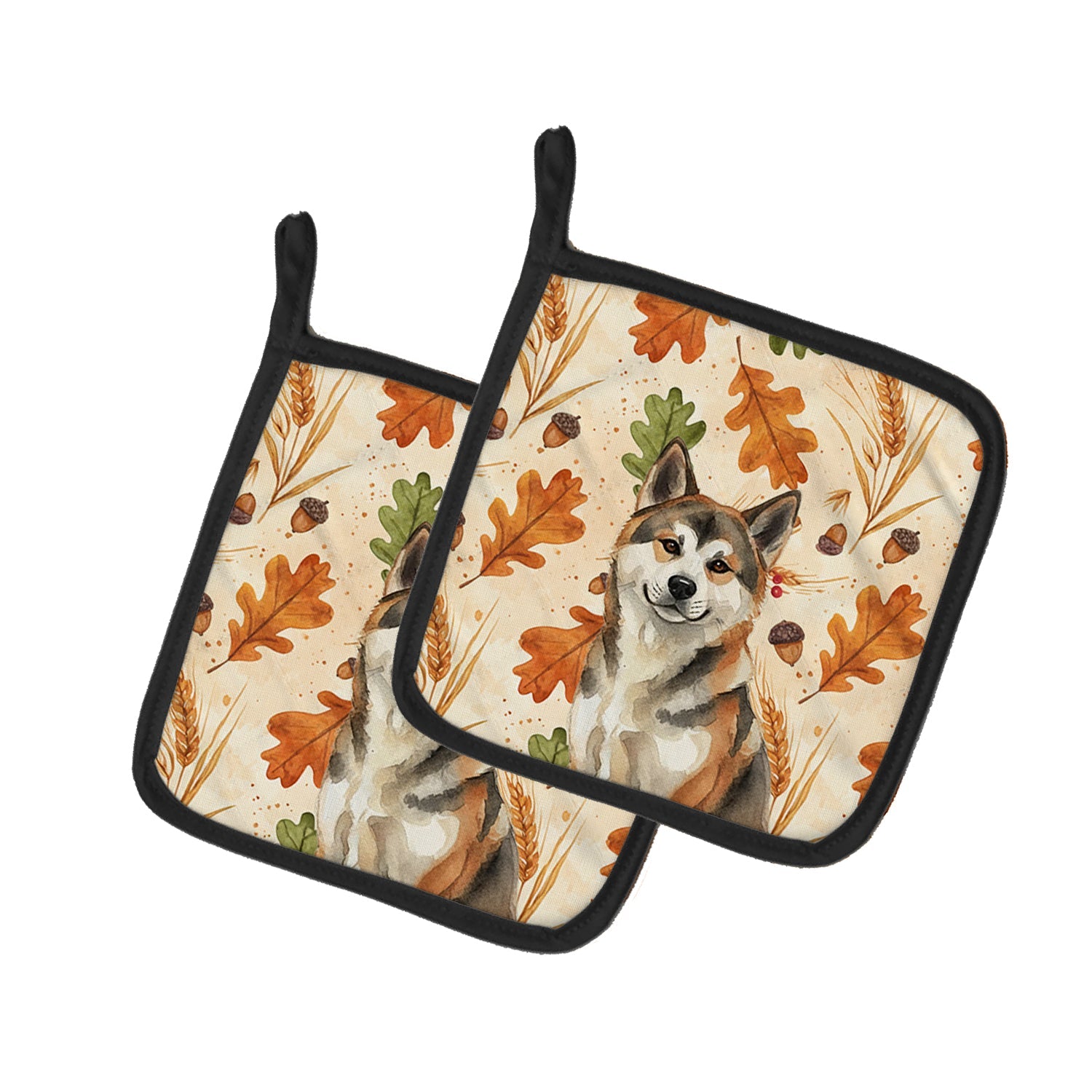 Sesame Akita Heirloom Fall Pot Holder Set of 2 Heat Resistant Quilted Hot Pads 7.5 x 7.5 Inch, Insulated Kitchen Trivets for Cooking & Baking