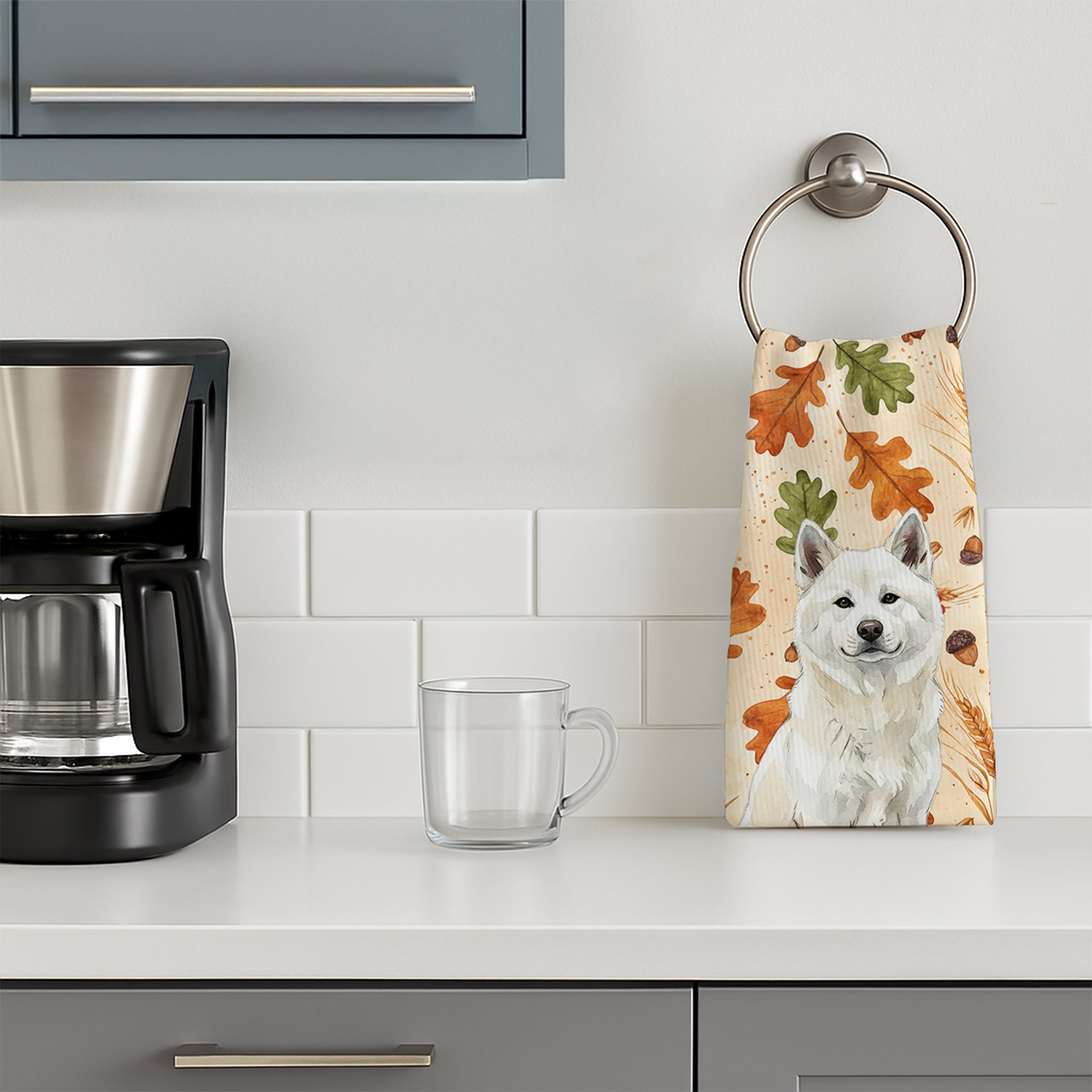 White Akita Heirloom Fall Kitchen Towel Velour Plush Front and Cotton Loop Back Machine Washable