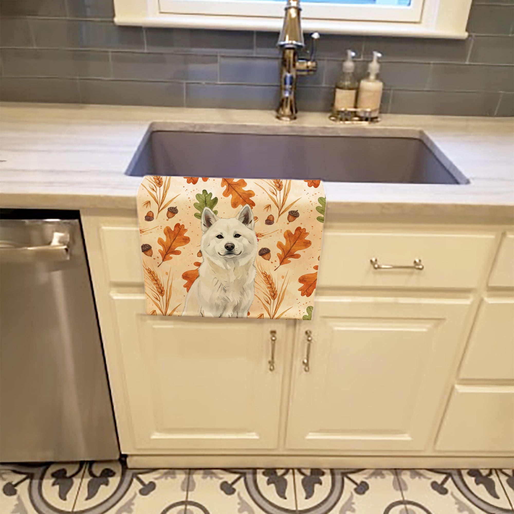 White Akita Heirloom Fall Kitchen Towel Velour Plush Front and Cotton Loop Back Machine Washable