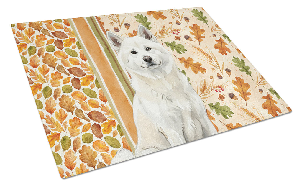 White Akita Heirloom Fall Cutting Board Tempered Glass Kitchen Cutting Surface, Heat Resistant Chopping, Non-Slip Feet, Food Prep & Serving