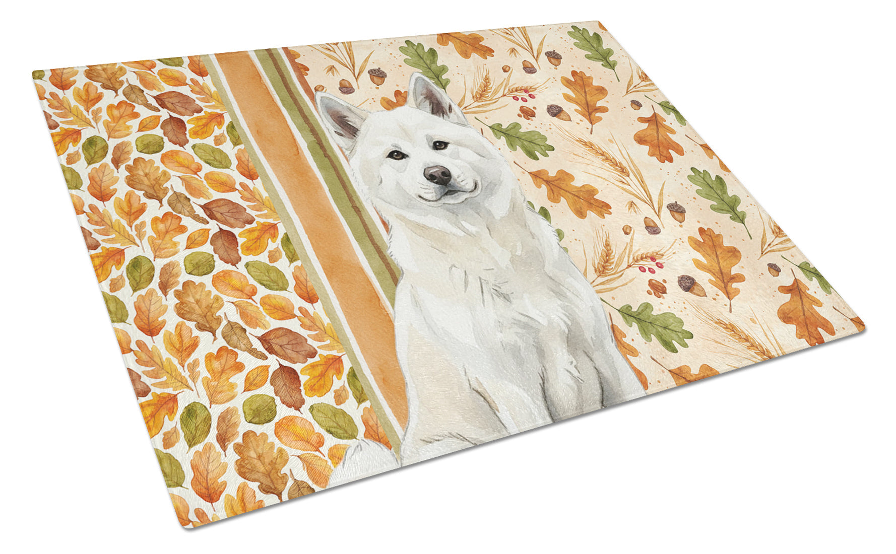 White Akita Heirloom Fall Cutting Board Tempered Glass Kitchen Cutting Surface, Heat Resistant Chopping, Non-Slip Feet, Food Prep & Serving