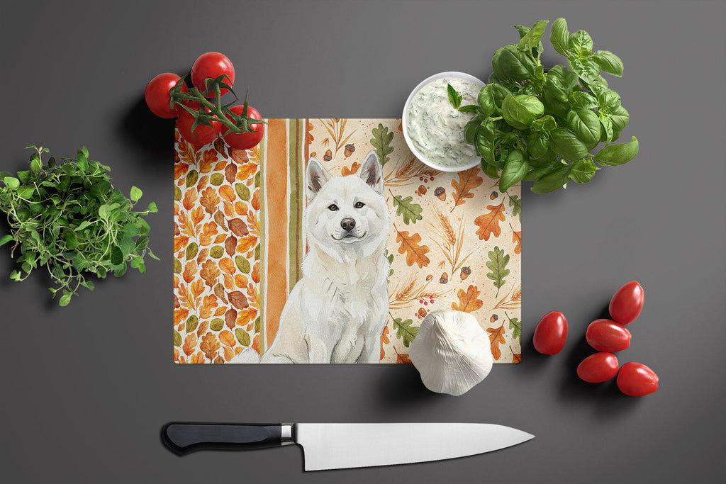White Akita Heirloom Fall Cutting Board Tempered Glass Kitchen Cutting Surface, Heat Resistant Chopping, Non-Slip Feet, Food Prep & Serving