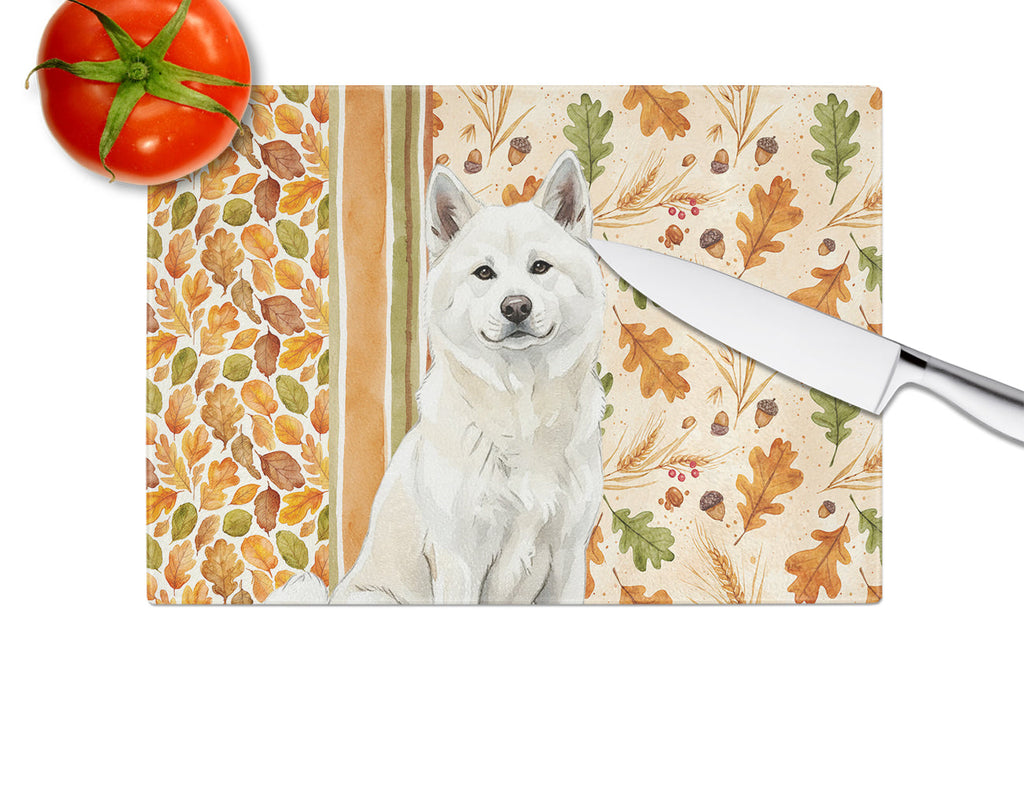 White Akita Heirloom Fall Cutting Board Tempered Glass Kitchen Cutting Surface, Heat Resistant Chopping, Non-Slip Feet, Food Prep & Serving