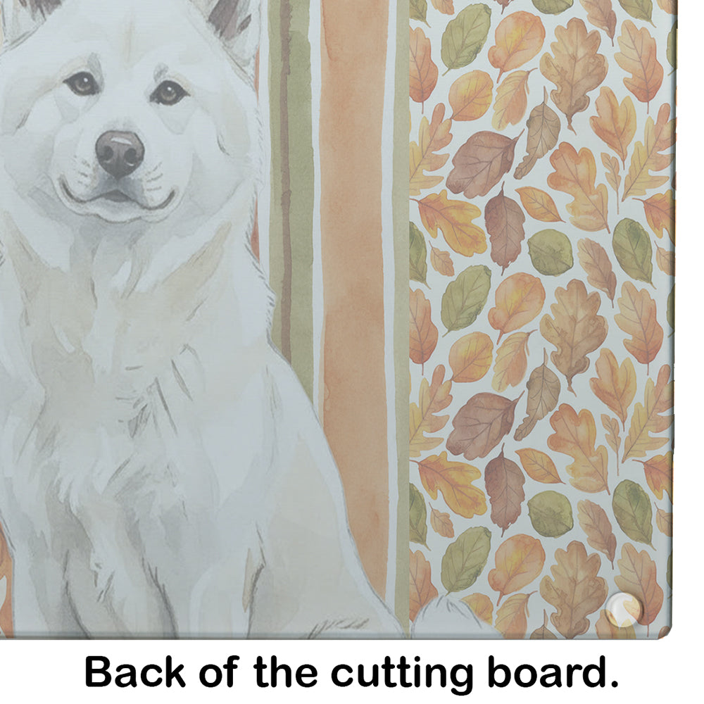 White Akita Heirloom Fall Cutting Board Tempered Glass Kitchen Cutting Surface, Heat Resistant Chopping, Non-Slip Feet, Food Prep & Serving