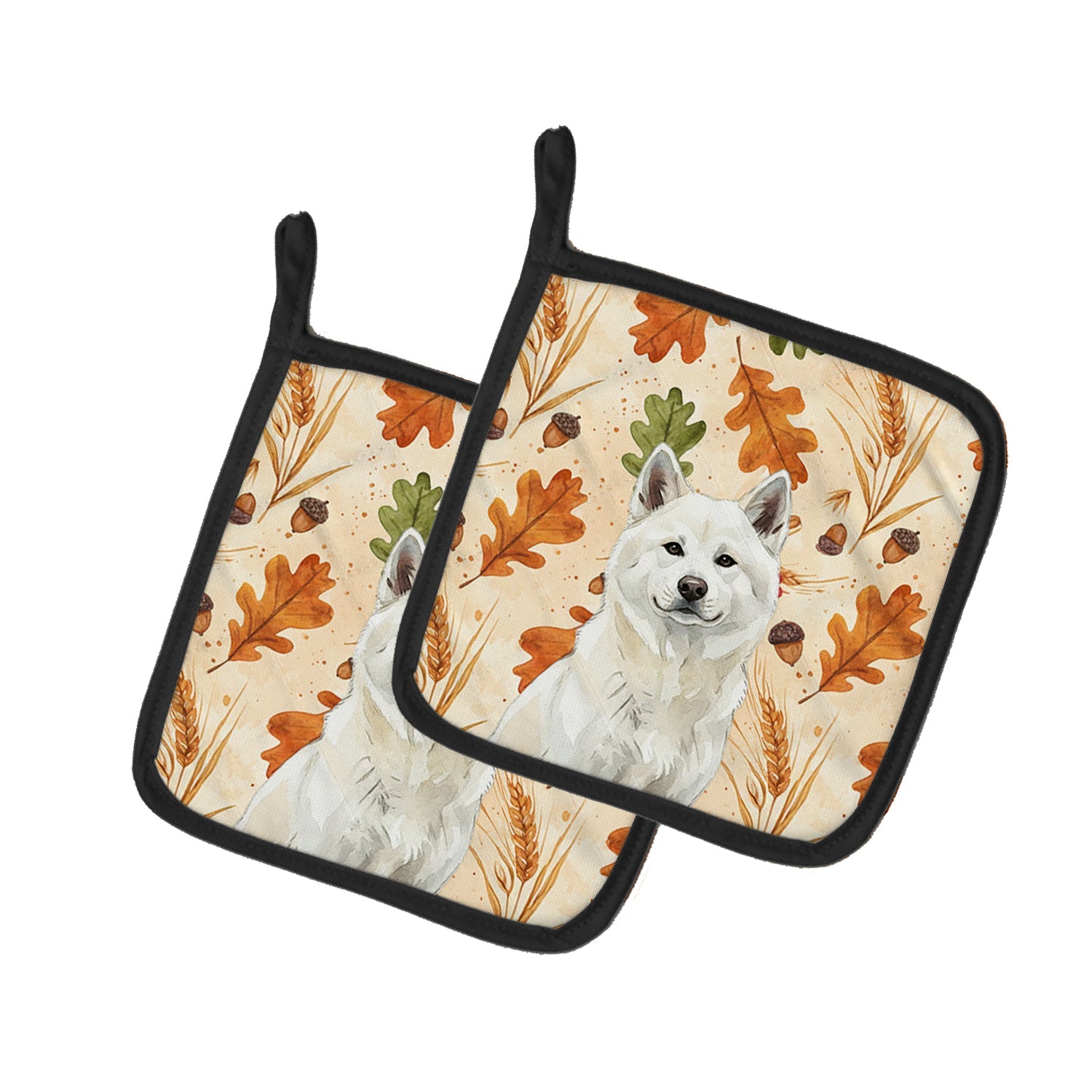 White Akita Heirloom Fall Pot Holder Set of 2 Heat Resistant Quilted Hot Pads 7.5 x 7.5 Inch, Insulated Kitchen Trivets for Cooking & Baking