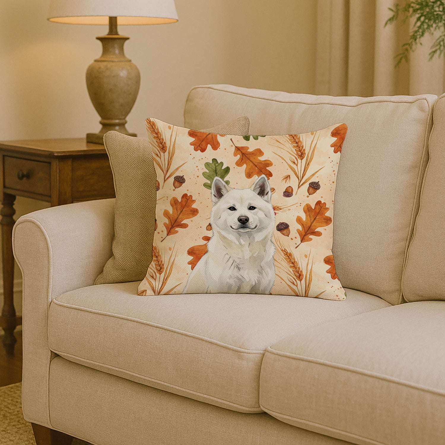 White Akita Heirloom Fall Decorative Throw Pillow 14x14 Indoor Outdoor Accent Cushion, Fabric Cover with Insert for Sofa, Bed, Porch & Living Room