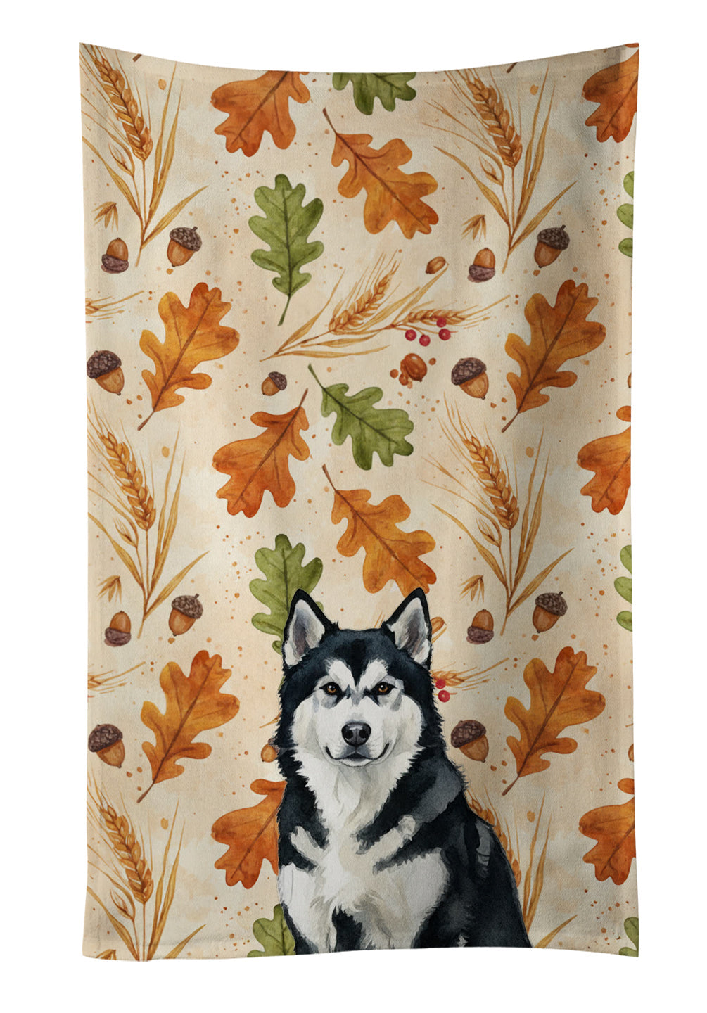Black and White Alaskan Malamute Heirloom Fall Kitchen Towel Velour Plush Front and Cotton Loop Back Machine Washable