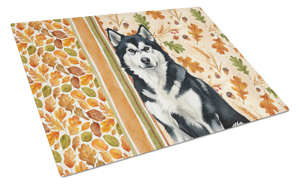 Black and White Alaskan Malamute Heirloom Fall Cutting Board Tempered Glass Kitchen Cutting Surface, Heat Resistant Chopping, Non-Slip Feet, Food Prep & Serving