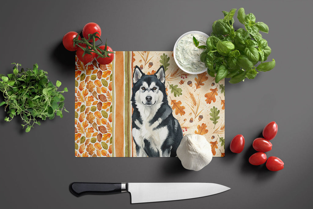 Black and White Alaskan Malamute Heirloom Fall Cutting Board Tempered Glass Kitchen Cutting Surface, Heat Resistant Chopping, Non-Slip Feet, Food Prep & Serving