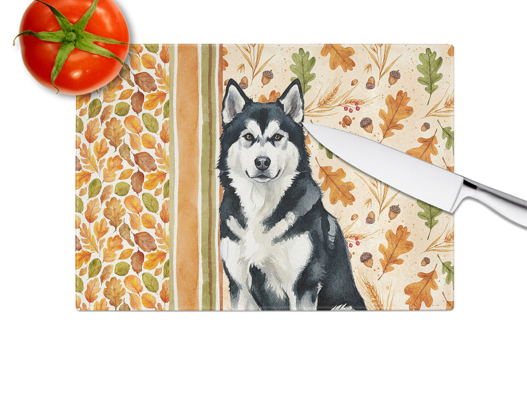 Black and White Alaskan Malamute Heirloom Fall Cutting Board Tempered Glass Kitchen Cutting Surface, Heat Resistant Chopping, Non-Slip Feet, Food Prep & Serving