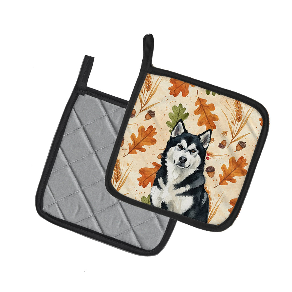 Black and White Alaskan Malamute Heirloom Fall Pot Holder Set of 2 Heat Resistant Quilted Hot Pads 7.5 x 7.5 Inch, Insulated Kitchen Trivets for Cooking & Baking