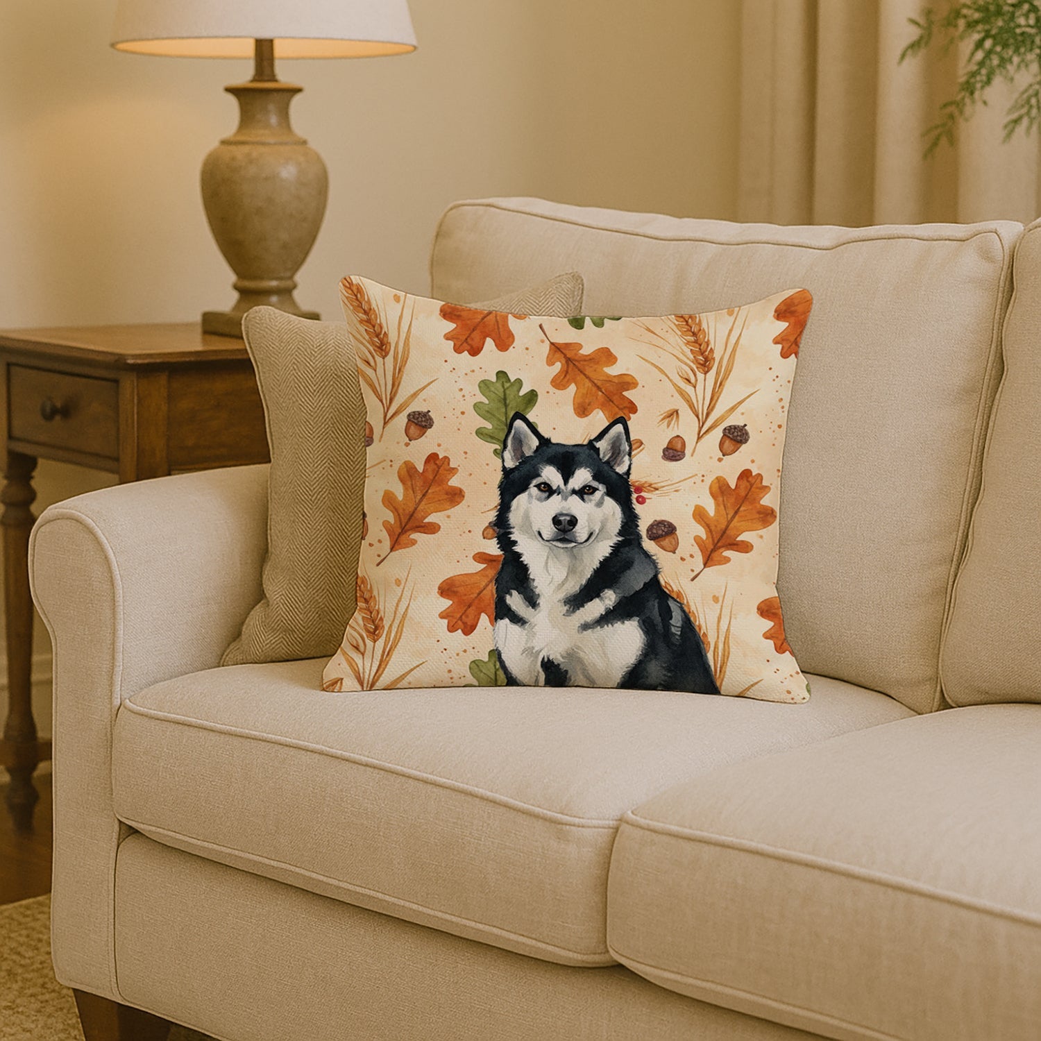 Black and White Alaskan Malamute Heirloom Fall Decorative Throw Pillow 14x14 Indoor Outdoor Accent Cushion, Fabric Cover with Insert for Sofa, Bed, Porch & Living Room