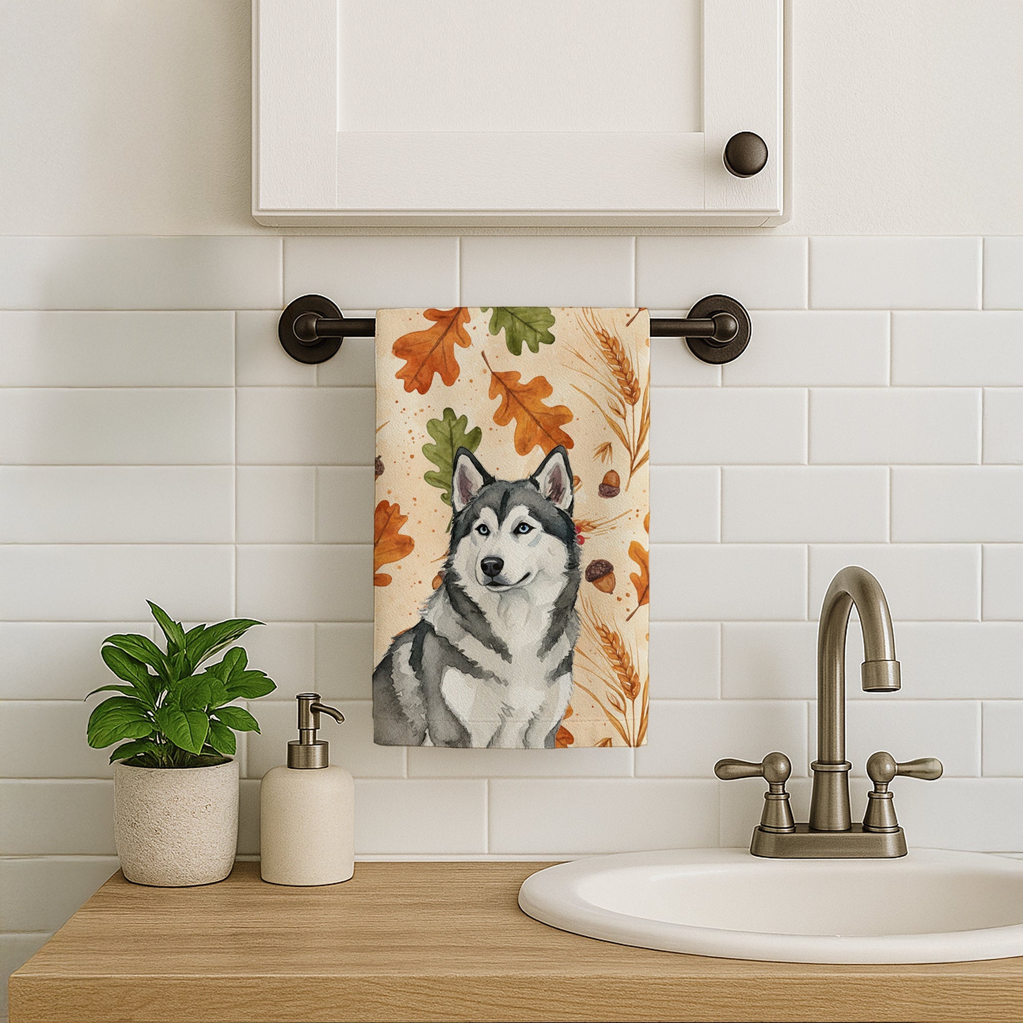 Gray and White Alaskan Malamute Heirloom Fall Kitchen Towel Velour Plush Front and Cotton Loop Back Machine Washable
