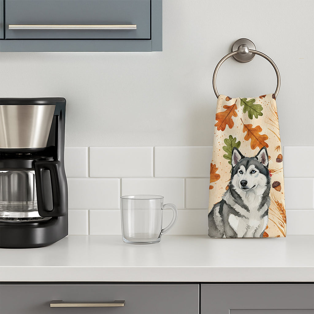 Gray and White Alaskan Malamute Heirloom Fall Kitchen Towel Velour Plush Front and Cotton Loop Back Machine Washable