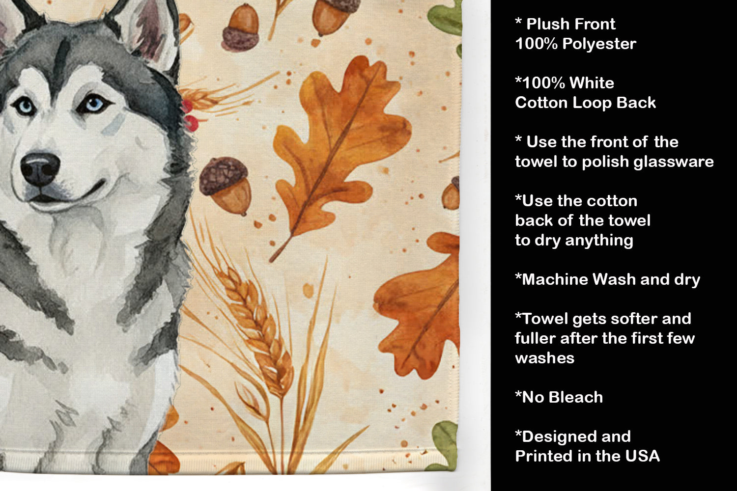 Gray and White Alaskan Malamute Heirloom Fall Kitchen Towel Velour Plush Front and Cotton Loop Back Machine Washable