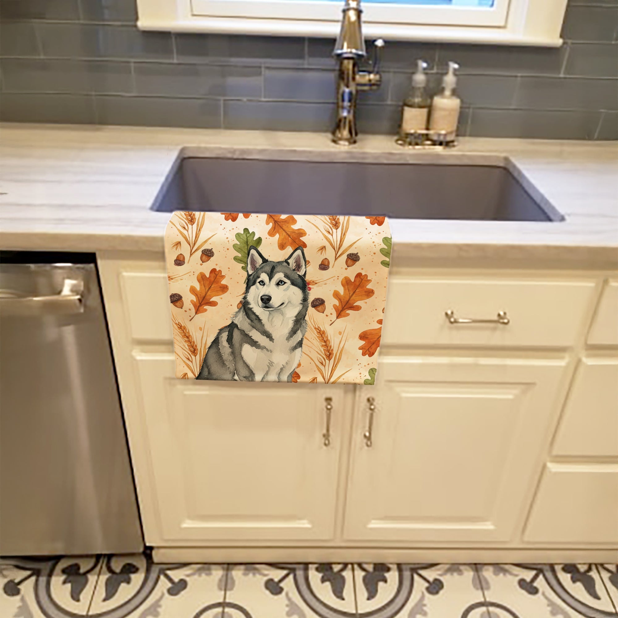 Gray and White Alaskan Malamute Heirloom Fall Kitchen Towel Velour Plush Front and Cotton Loop Back Machine Washable