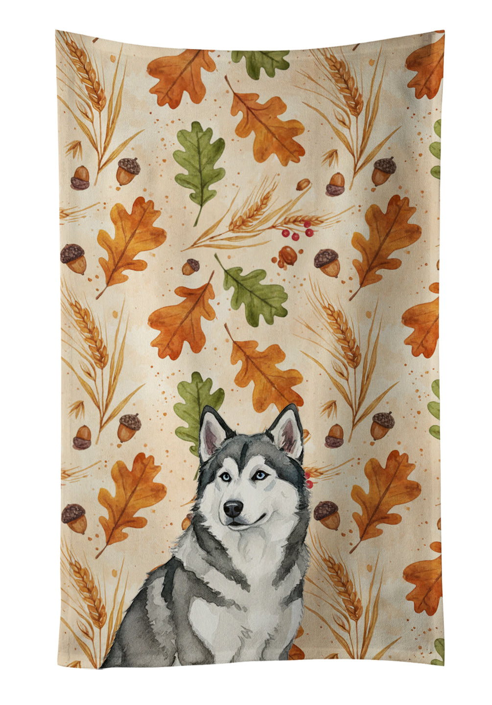 Gray and White Alaskan Malamute Heirloom Fall Kitchen Towel Velour Plush Front and Cotton Loop Back Machine Washable