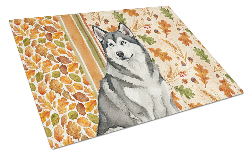 Gray and White Alaskan Malamute Heirloom Fall Cutting Board Tempered Glass Kitchen Cutting Surface, Heat Resistant Chopping, Non-Slip Feet, Food Prep & Serving