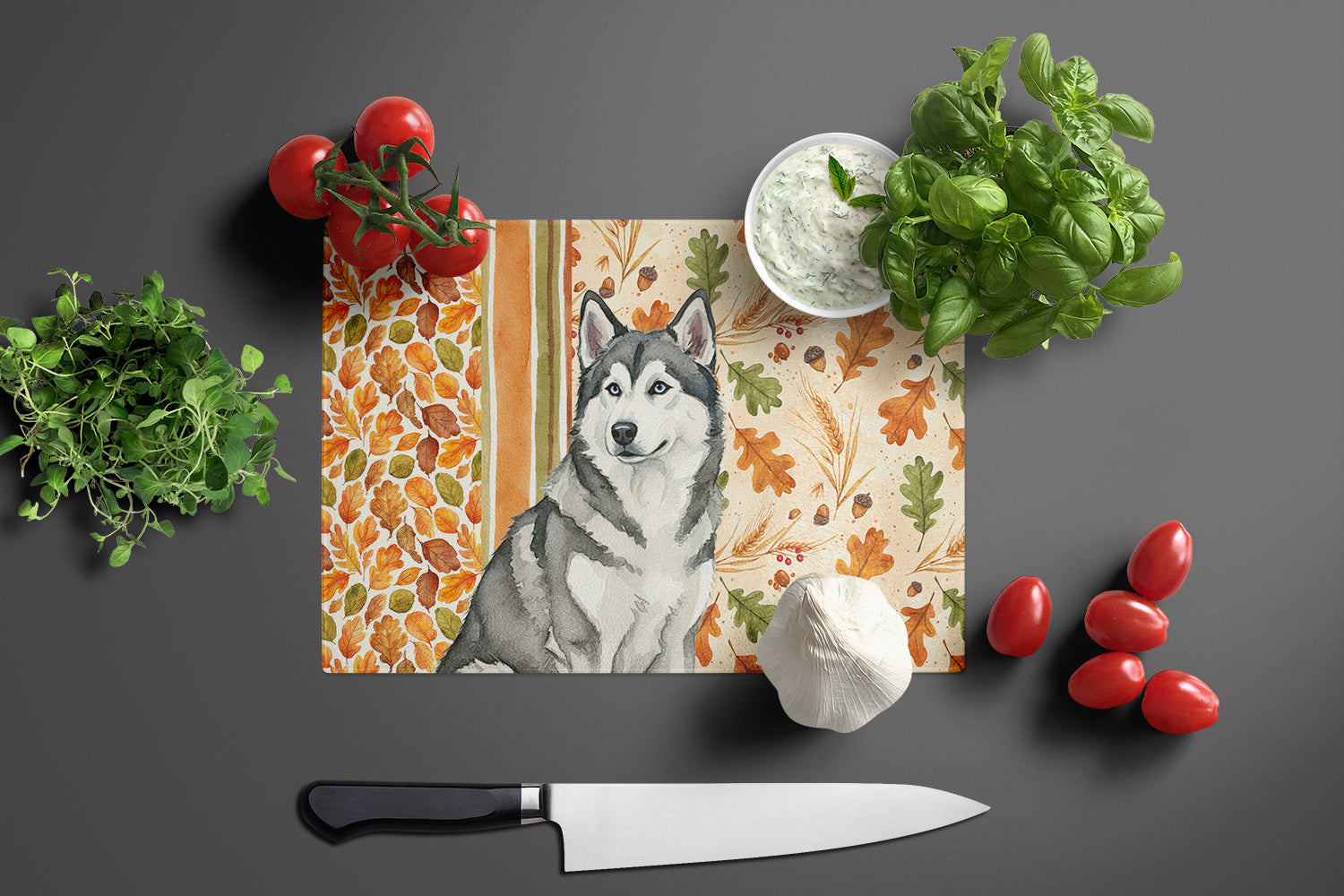 Gray and White Alaskan Malamute Heirloom Fall Cutting Board Tempered Glass Kitchen Cutting Surface, Heat Resistant Chopping, Non-Slip Feet, Food Prep & Serving
