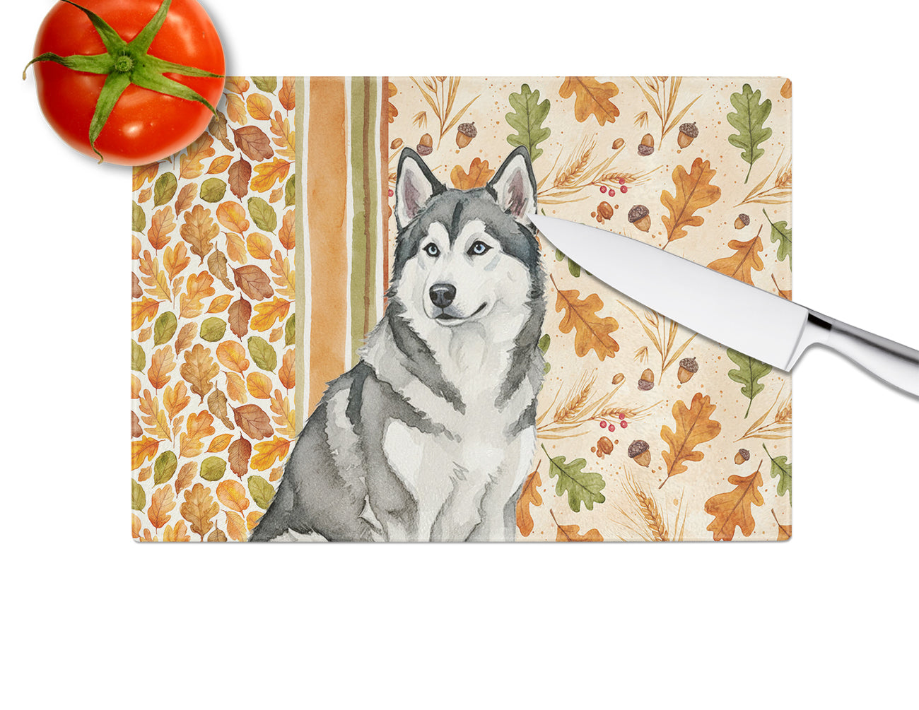 Gray and White Alaskan Malamute Heirloom Fall Cutting Board Tempered Glass Kitchen Cutting Surface, Heat Resistant Chopping, Non-Slip Feet, Food Prep & Serving