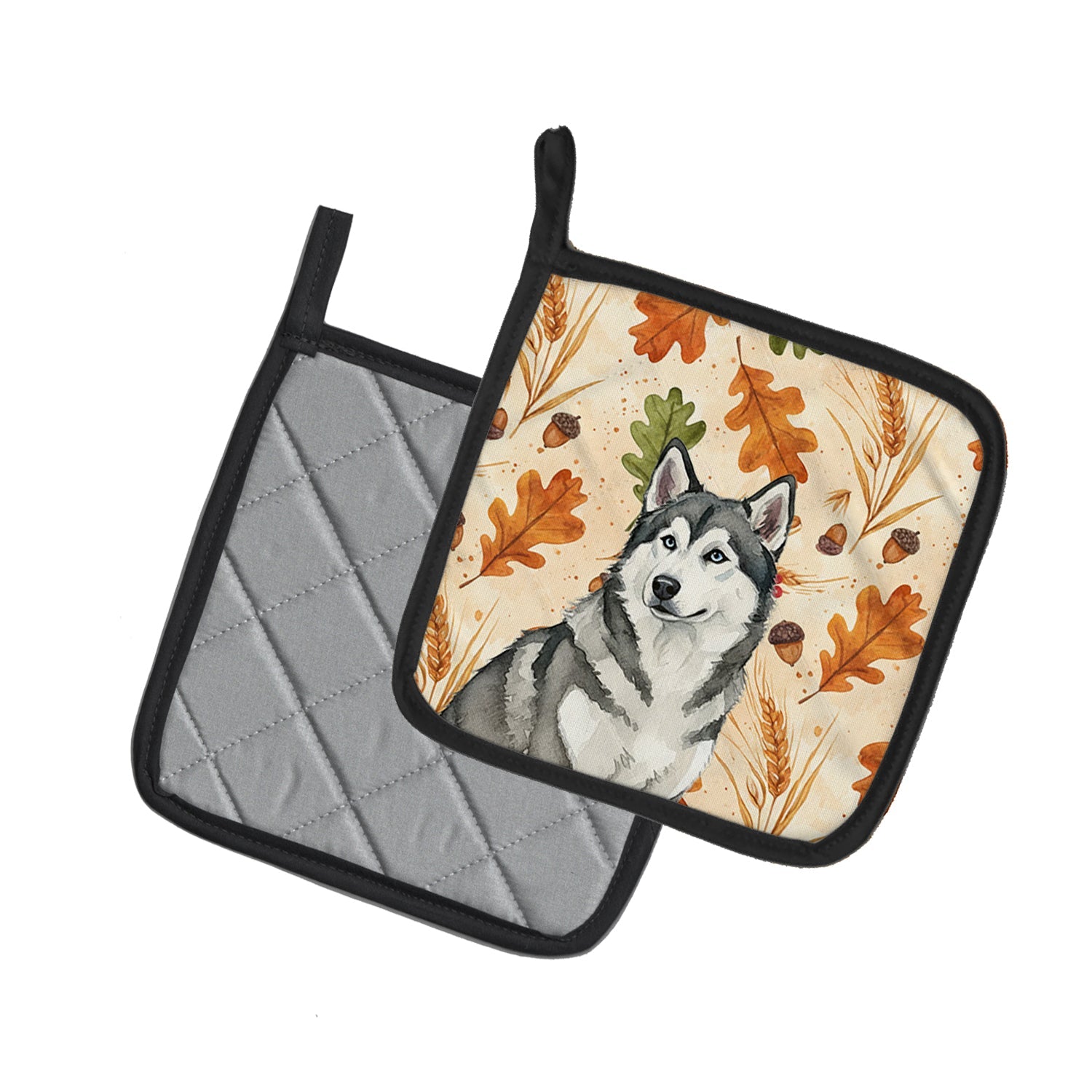Gray and White Alaskan Malamute Heirloom Fall Pot Holder Set of 2 Heat Resistant Quilted Hot Pads 7.5 x 7.5 Inch, Insulated Kitchen Trivets for Cooking & Baking