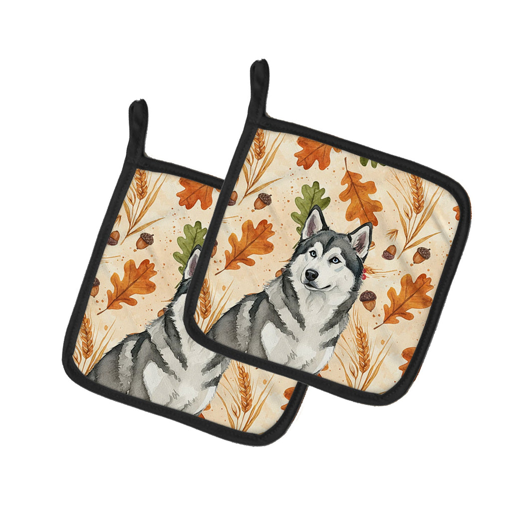 Gray and White Alaskan Malamute Heirloom Fall Pot Holder Set of 2 Heat Resistant Quilted Hot Pads 7.5 x 7.5 Inch, Insulated Kitchen Trivets for Cooking & Baking