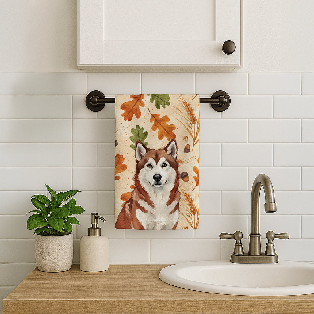 Red and White Alaskan Malamute Heirloom Fall Kitchen Towel Velour Plush Front and Cotton Loop Back Machine Washable