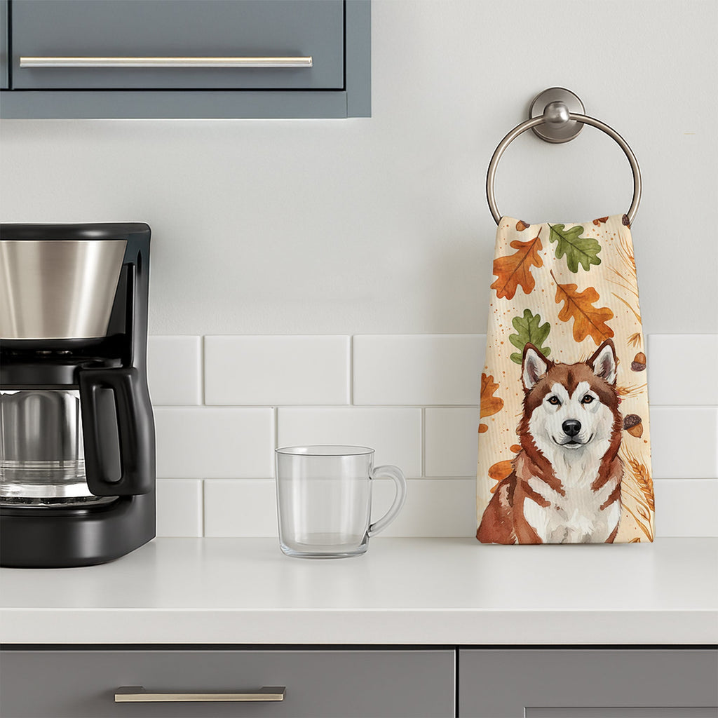 Red and White Alaskan Malamute Heirloom Fall Kitchen Towel Velour Plush Front and Cotton Loop Back Machine Washable