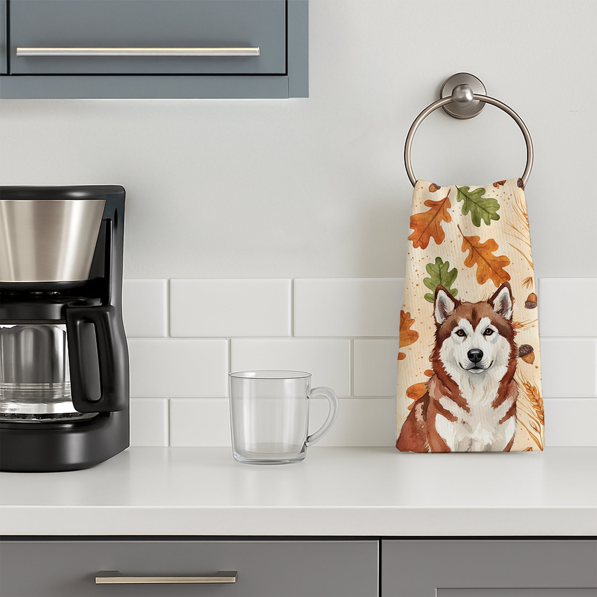 Red and White Alaskan Malamute Heirloom Fall Kitchen Towel Velour Plush Front and Cotton Loop Back Machine Washable