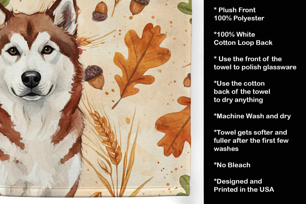 Red and White Alaskan Malamute Heirloom Fall Kitchen Towel Velour Plush Front and Cotton Loop Back Machine Washable