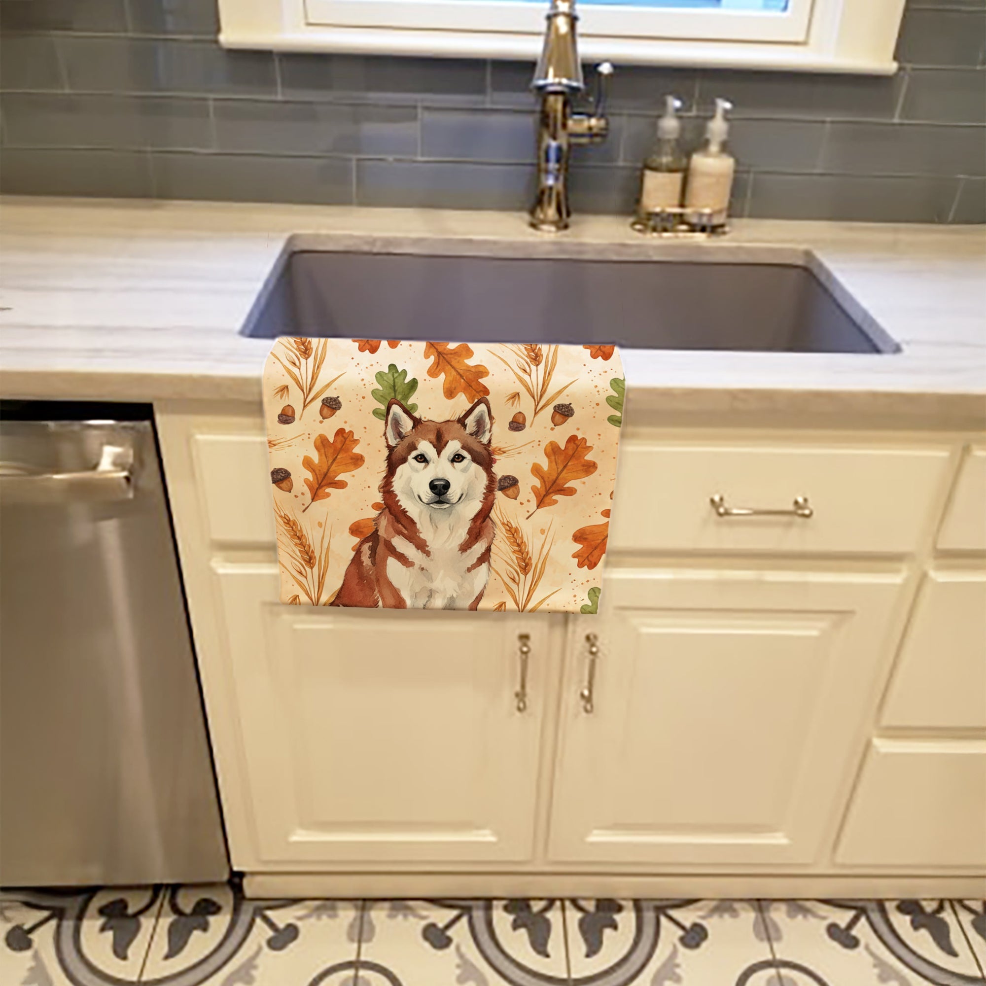 Red and White Alaskan Malamute Heirloom Fall Kitchen Towel Velour Plush Front and Cotton Loop Back Machine Washable