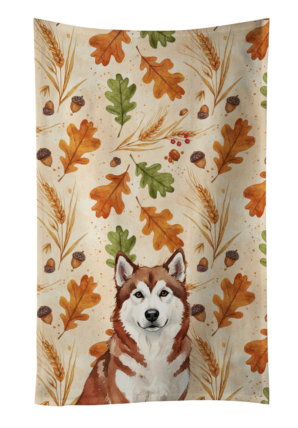 Red and White Alaskan Malamute Heirloom Fall Kitchen Towel Velour Plush Front and Cotton Loop Back Machine Washable